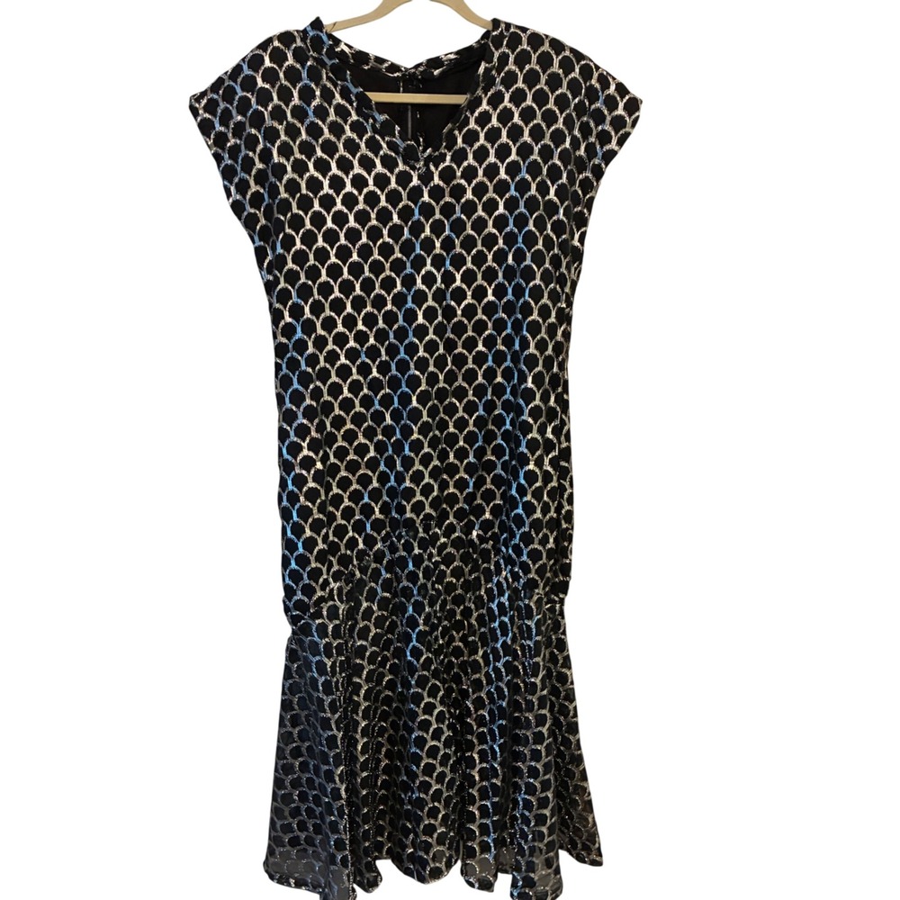 Vintage Flapper Midi Dress Sz XL Black‎ Silver Metallic Scallop Glam 1920s Style